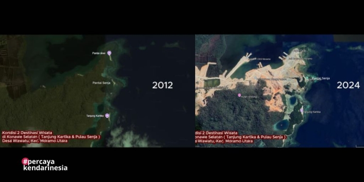 Penampakan kondisi Pantai Kartika di Konawe Selatan sejak tahun 2012 hingga 2024, sebelum dan sesudah ada aktifitas pertambangan. Foto: Istimewa/kendarinesia.