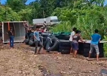Dump Truk Angkut Ban dari Makassar Terbalik di Jalan Trans Sulawesi, Kolut. Foto: Dok Istimewa/kendarinesia
